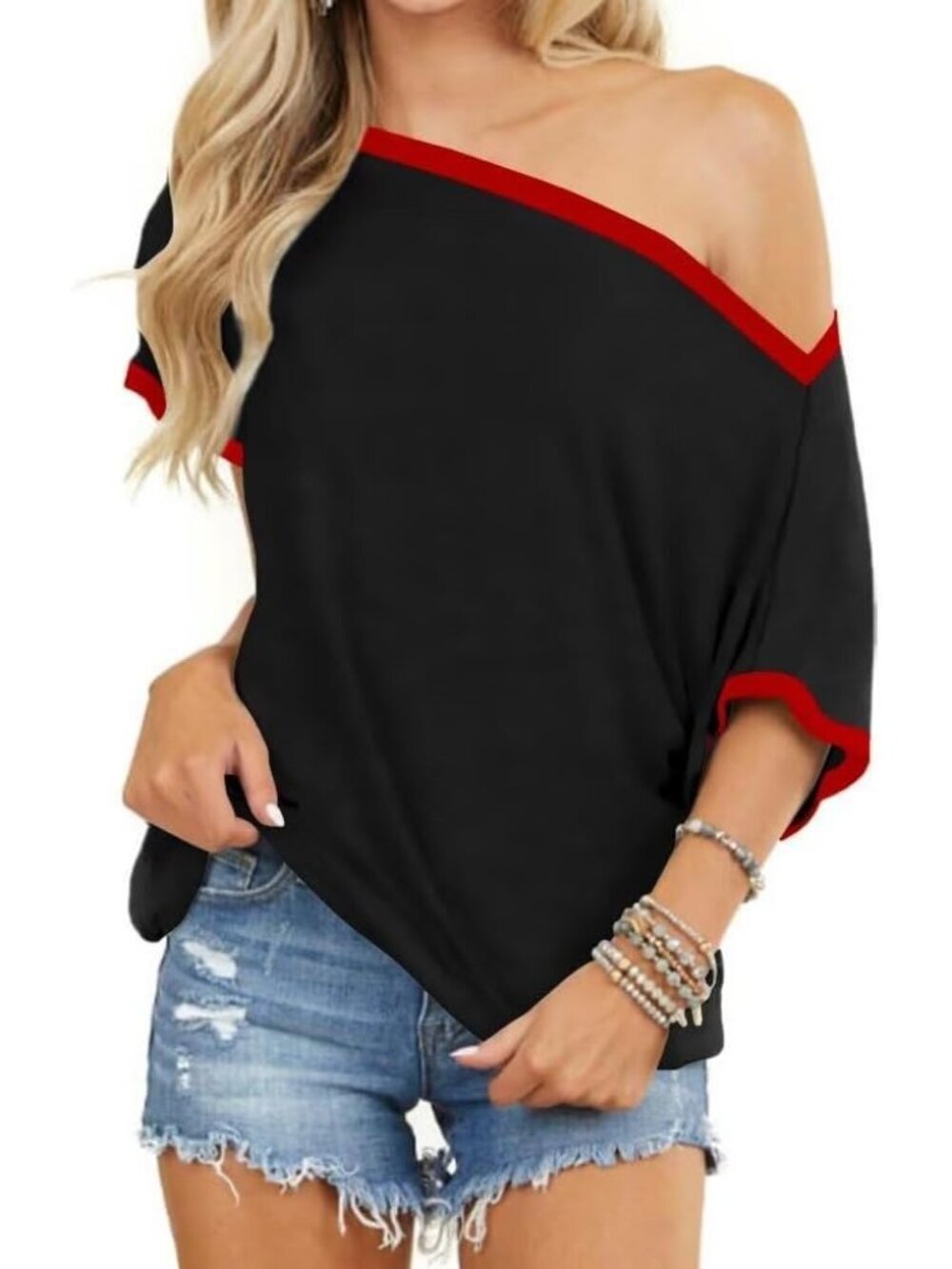 Women's Black (Red) Off Shoulder Slouchy Boat Neck Short Sleeve Tunic Top
